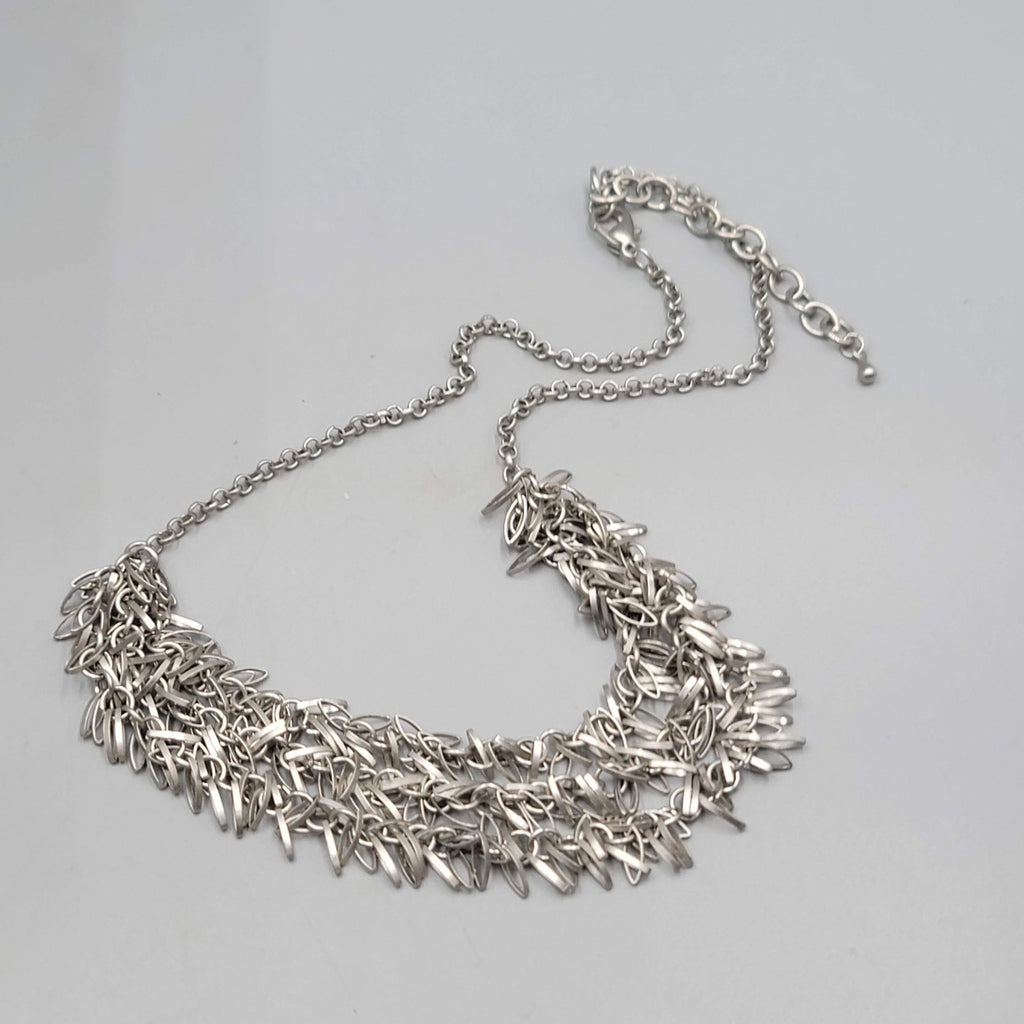 Silver tone Fringe Layered Metal Chain Necklace Unique 18"-20"