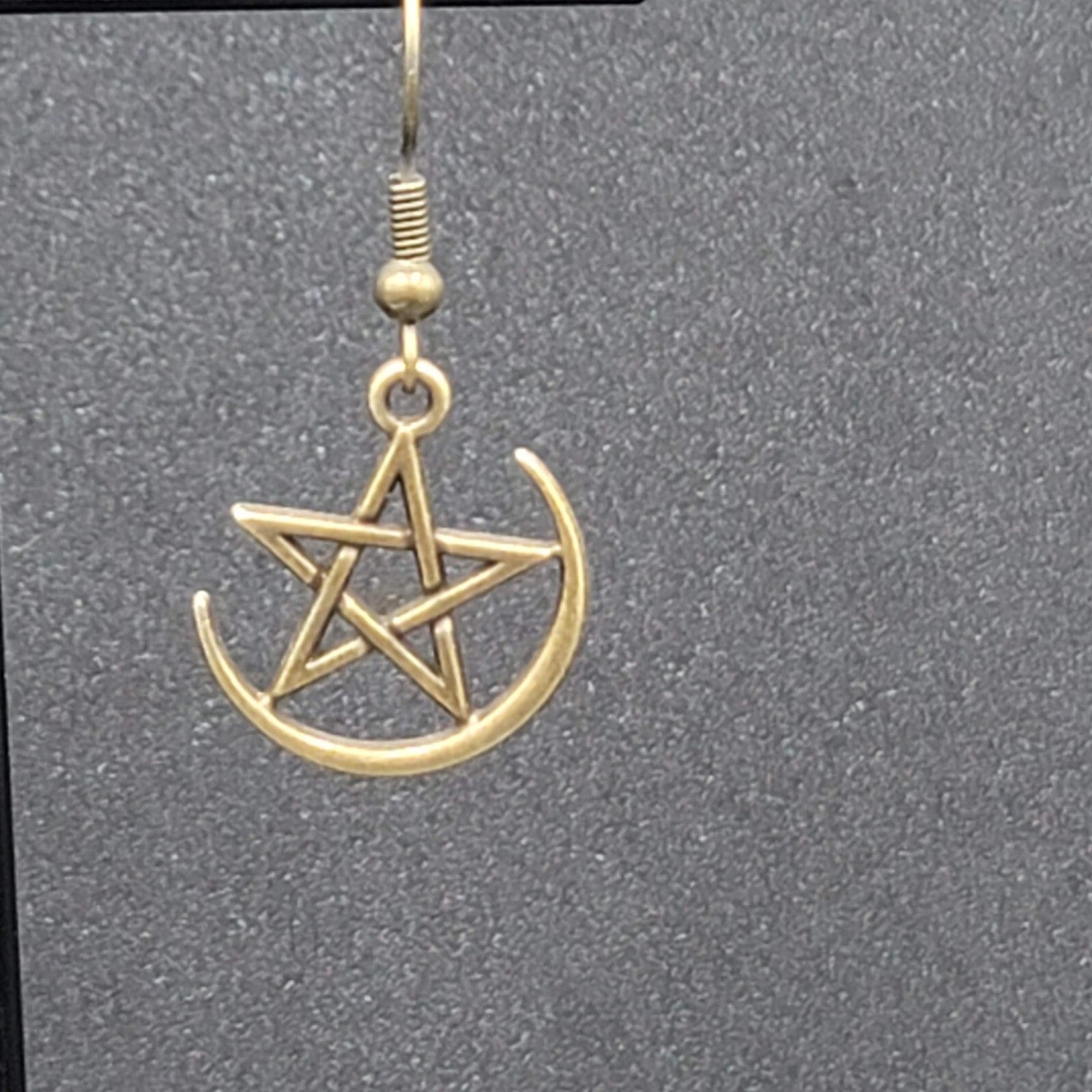 Pentagram Pierced Earrings Half Moon Star Bronze tone Dangle 3/4"