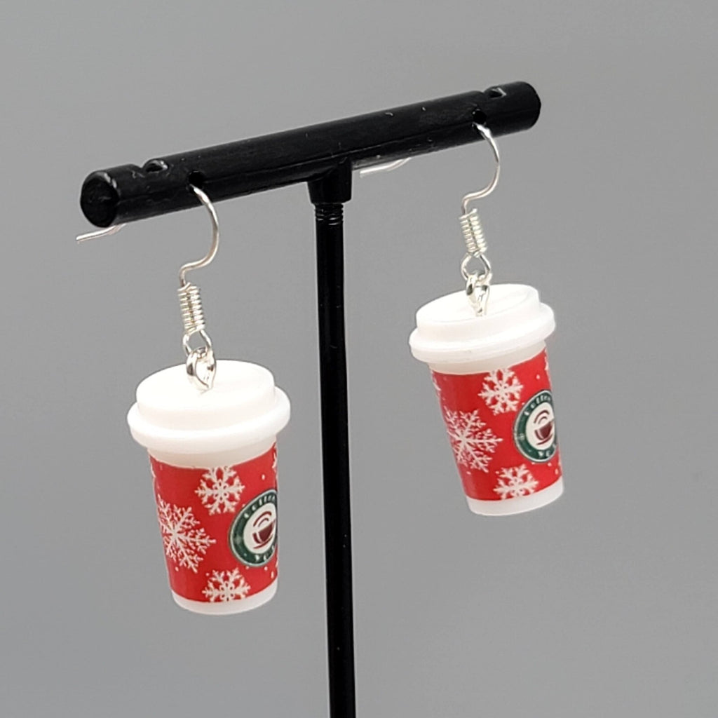 Holiday Cup Pierced Earrings Coffee Hot Cocoa Snowflakes Dangle 7/8" NEW