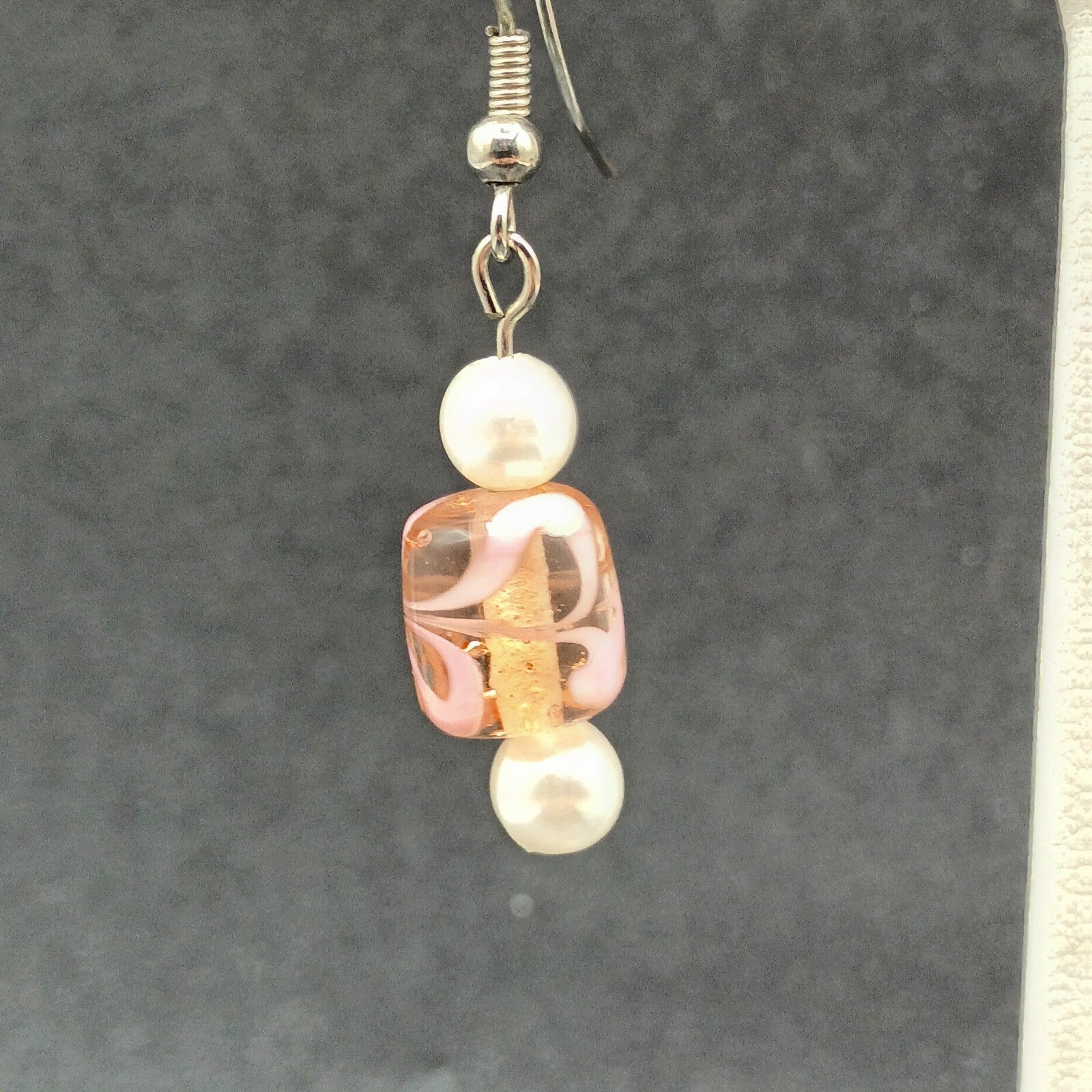 Pierced Earrings Silver tone Pink Art Glass Faux Pearl Asymmetrical Dangle 1"