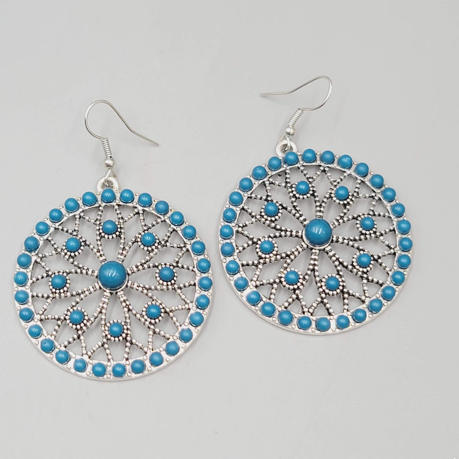 Round Blue Bead Dangle Pierced Earrings Silver Tone Statement 1.5"