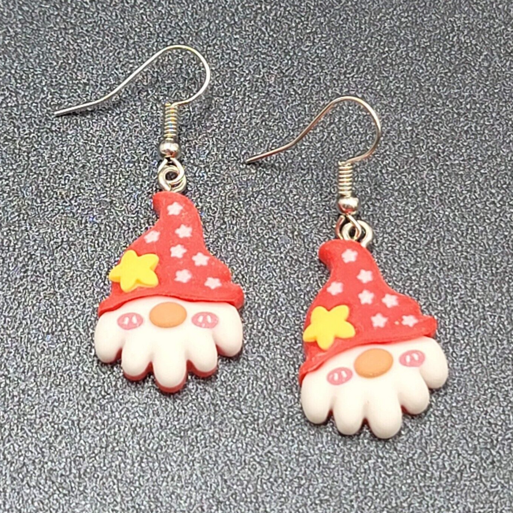 Gnome Christmas Pierced Earrings Puffy 3D Dangle 1 1/8"