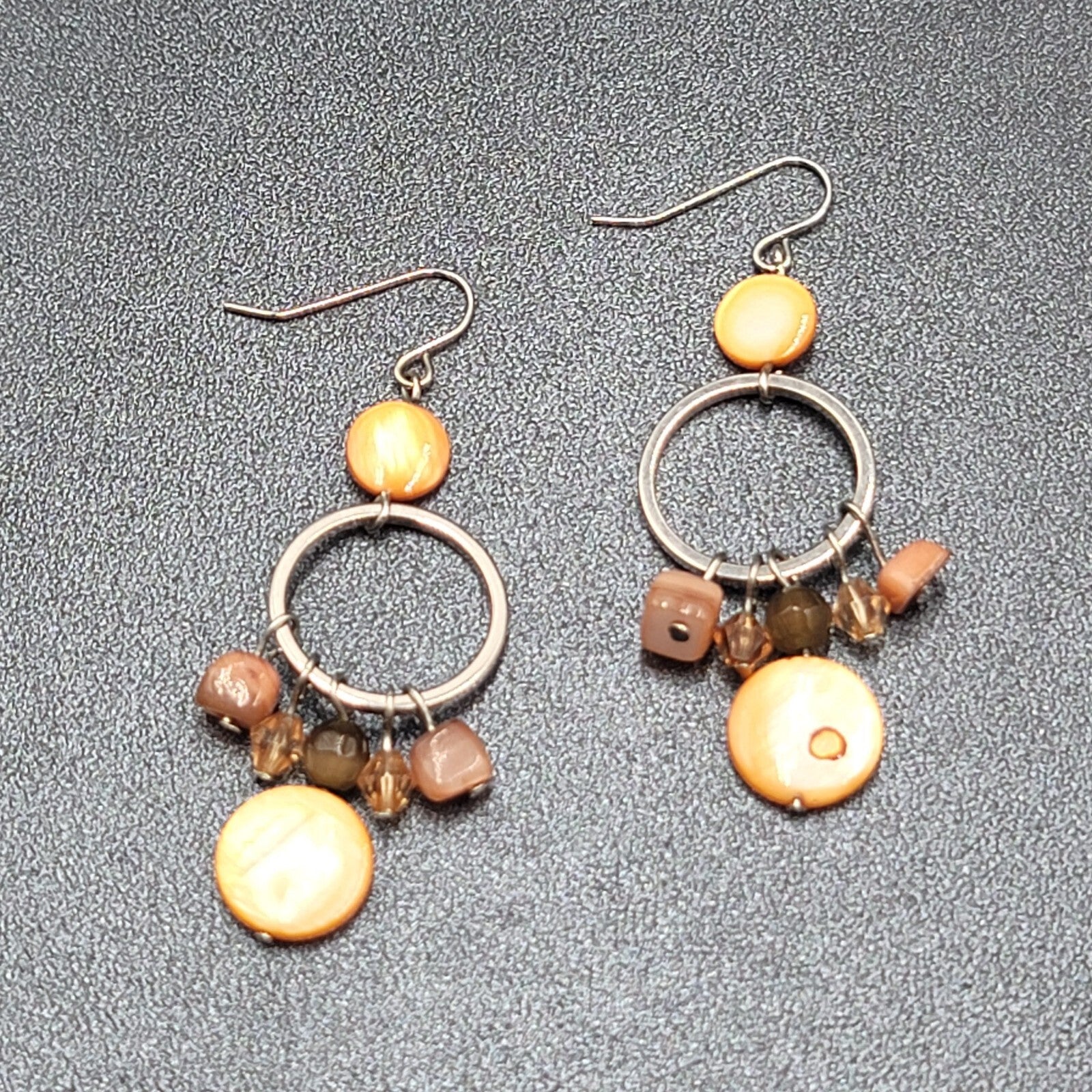 Pierced Earrings Silver tone Orange Shells Dangle Beads 2"