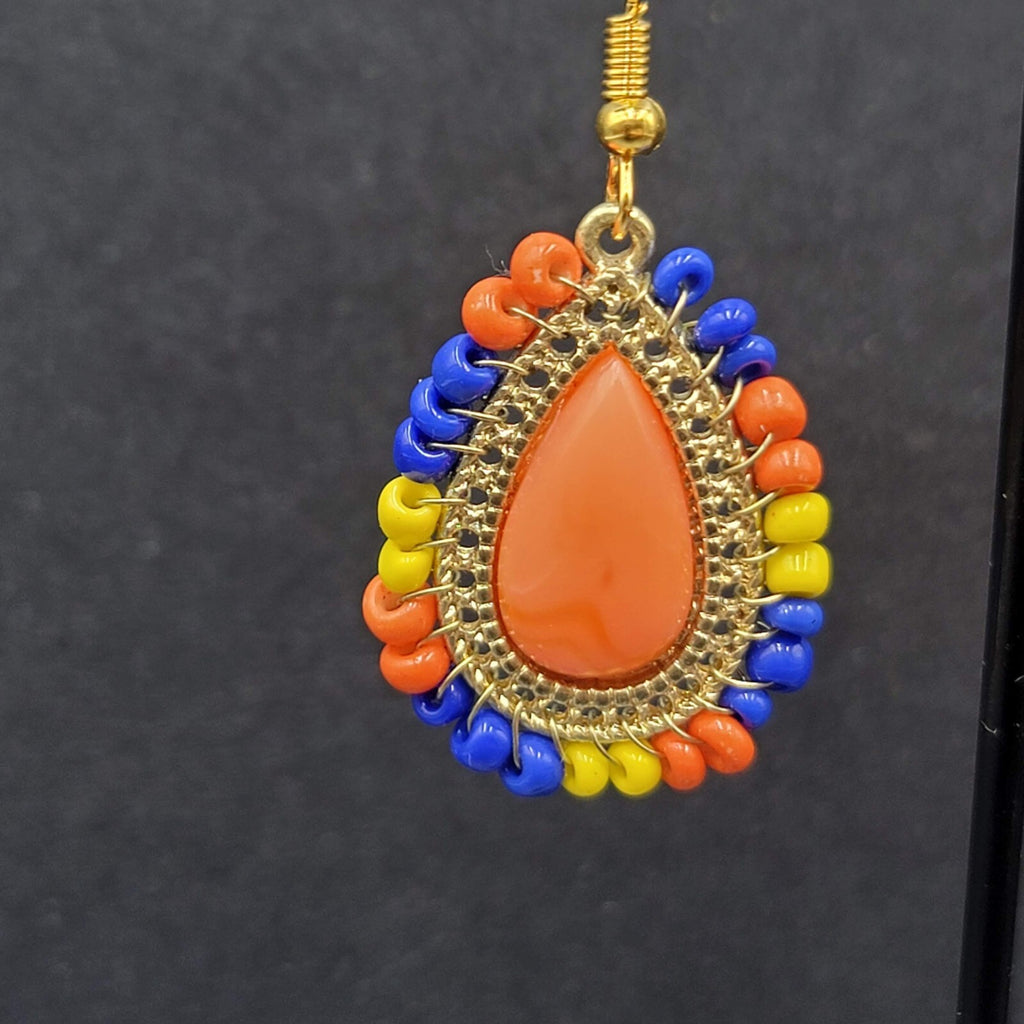 Pierced Earrings Gold tone Orange Teardrop Multicolor Beads 1 1/8"