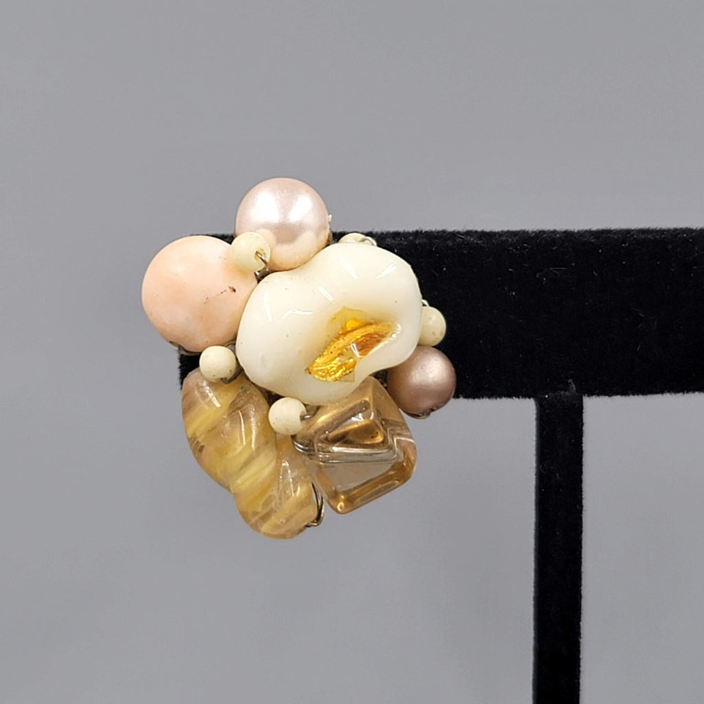 Vintage Cluster Bead Clip on Earrings Molded Glass Tans White 1 1/8"