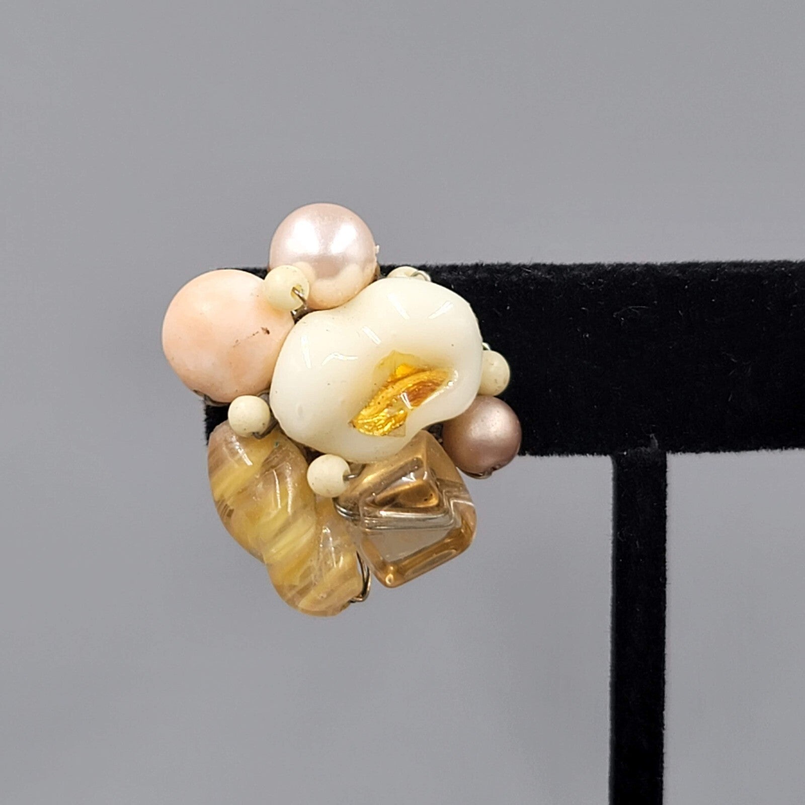 Vintage Cluster Bead Clip on Earrings Molded Glass Tans White 1 1/8"