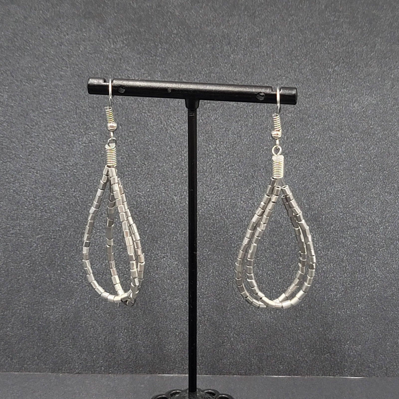 Pierced Earrings Silver tone Barrel Bead Loops 2"