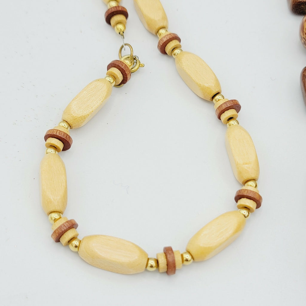 Vintage Wood Jewelry Lot 3 Necklaces and 1 Bangle Brass Inlay Bracelet