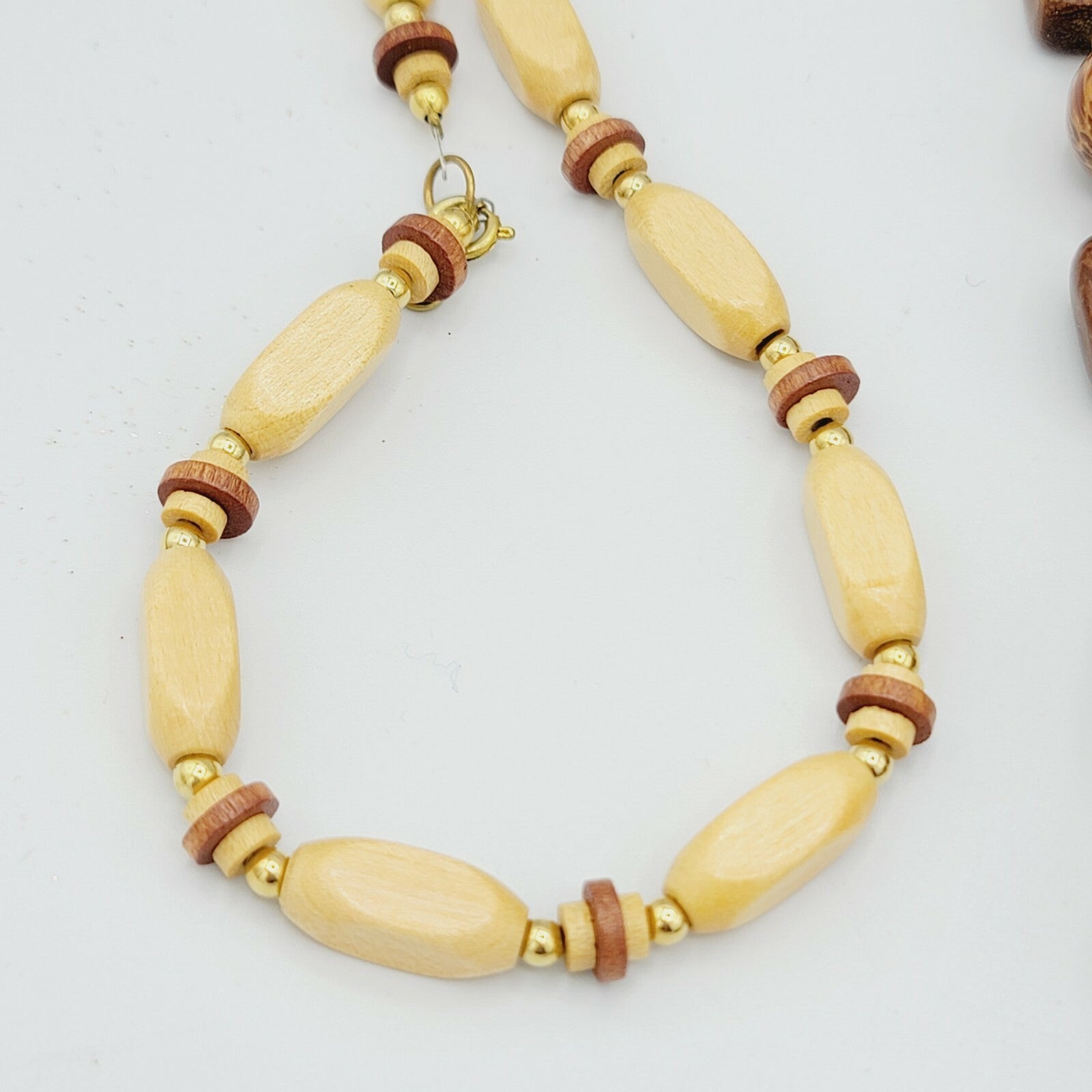 Vintage Wood Jewelry Lot 3 Necklaces and 1 Bangle Brass Inlay Bracelet