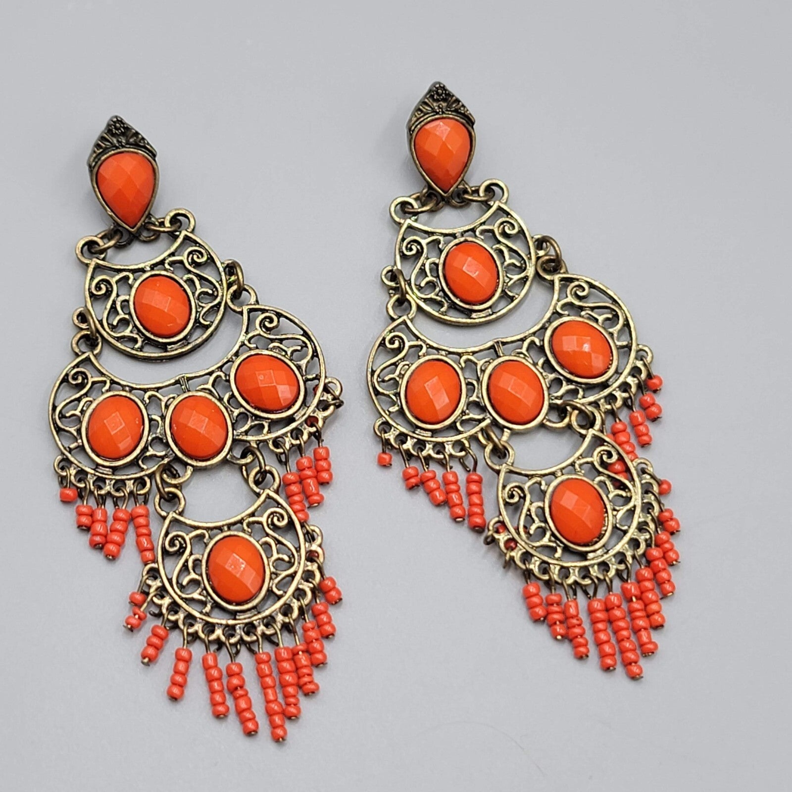 Large Chandelier Pierced Earrings Bronze tone Orange Beads 4"