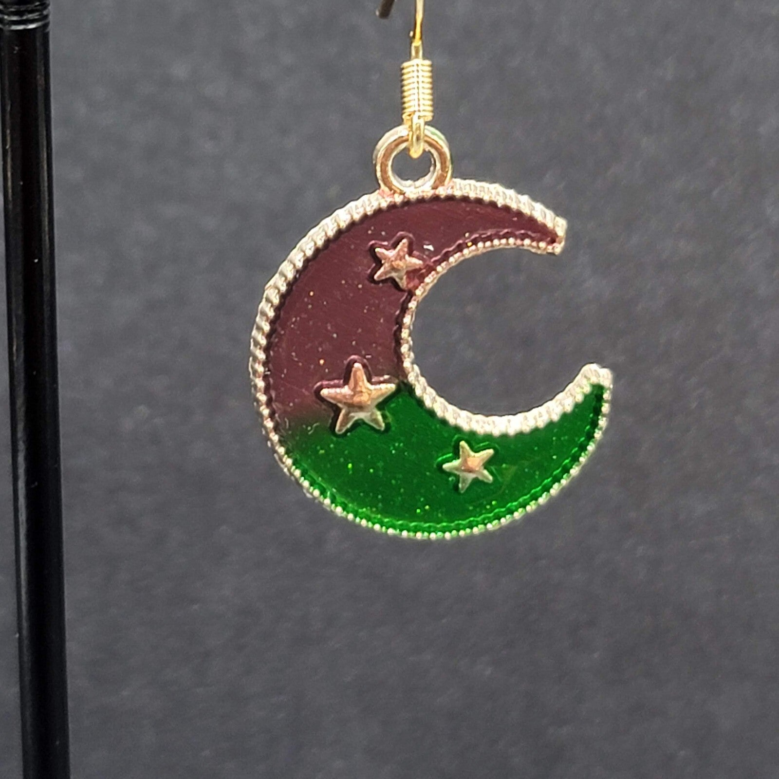 New Crescent Moon Pierced Earrings Gold tone Purple Green Enamel Dangle 7/8"