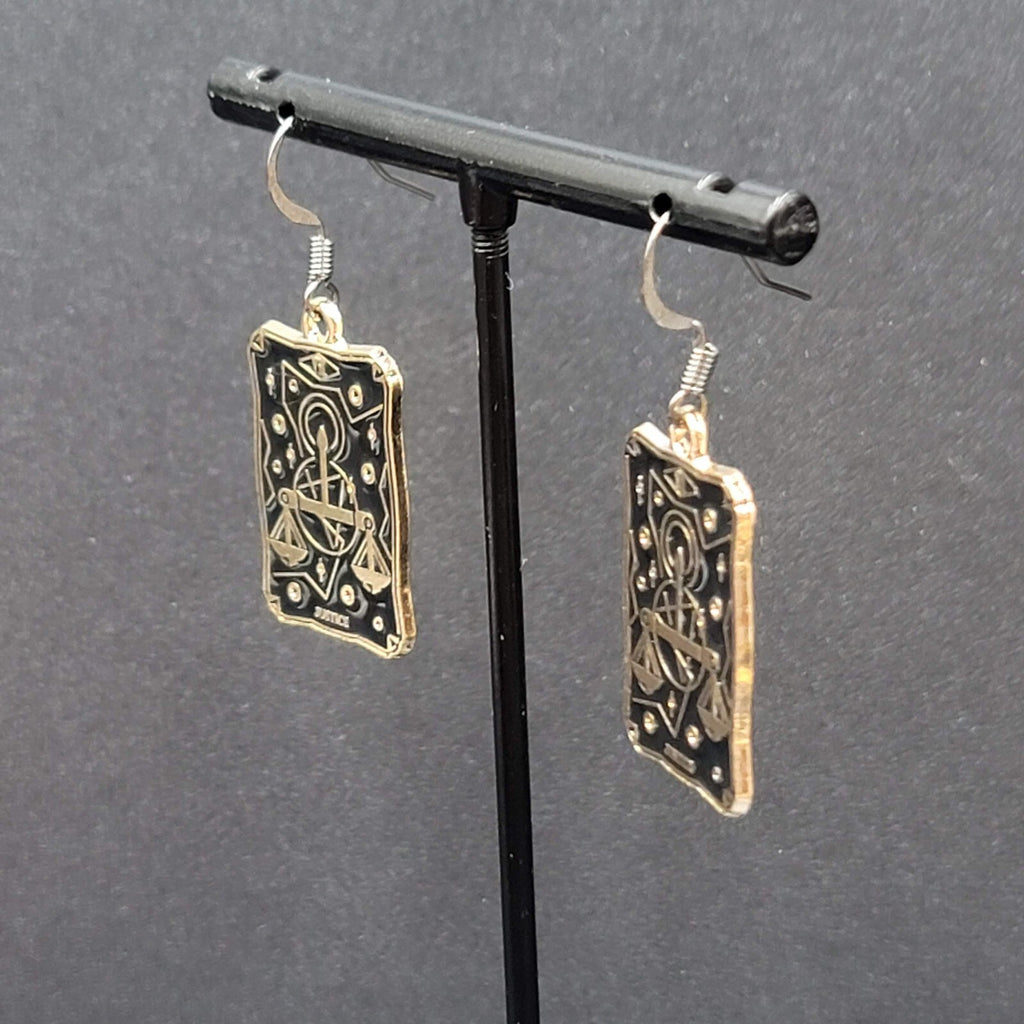 Tarot Card Pierced Earrings JUSTICE Scales Gold tone Black 1"