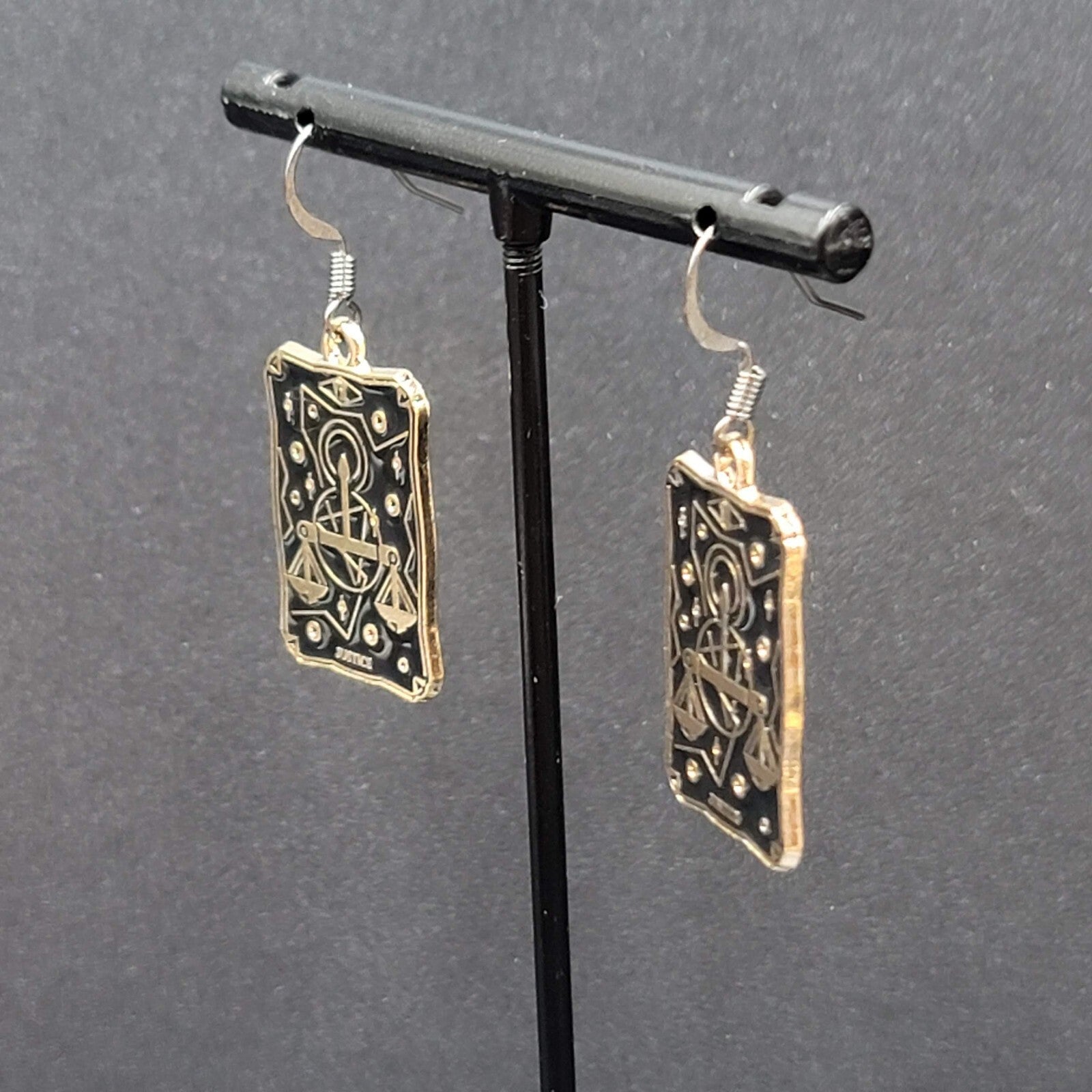 Tarot Card Pierced Earrings JUSTICE Scales Gold tone Black 1"