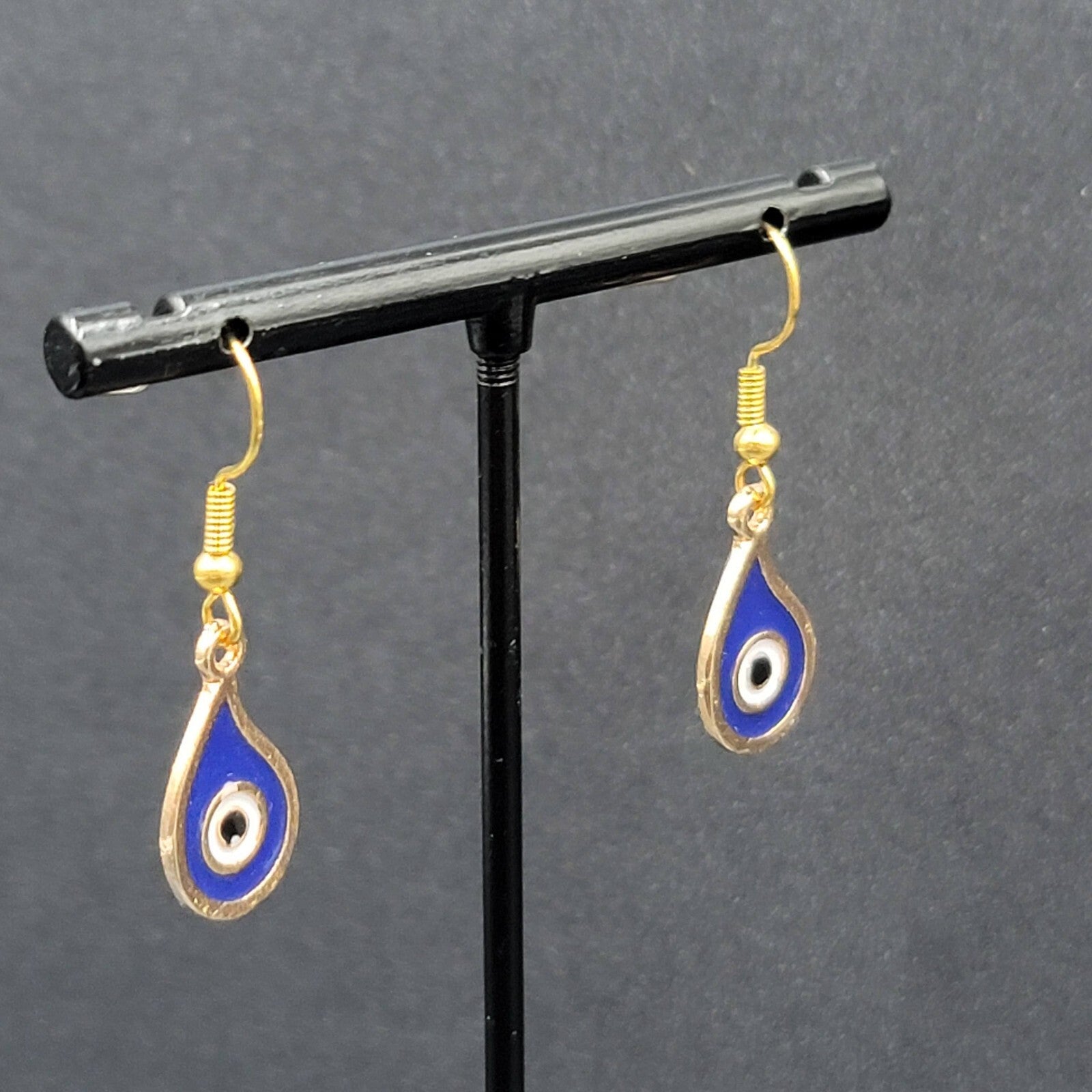 New Evil Eye Pierced Earrings Gold tone Blue Enamel Teardrop Dangle 3/4"