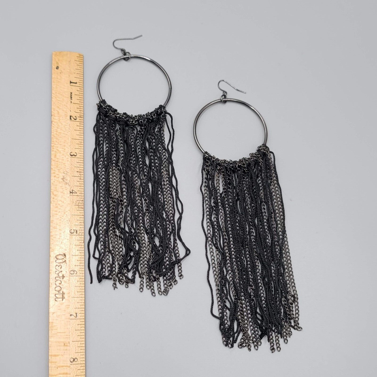 LONG Statement Pierced Earrings Black Silver tone Chains Punk Rock 6"