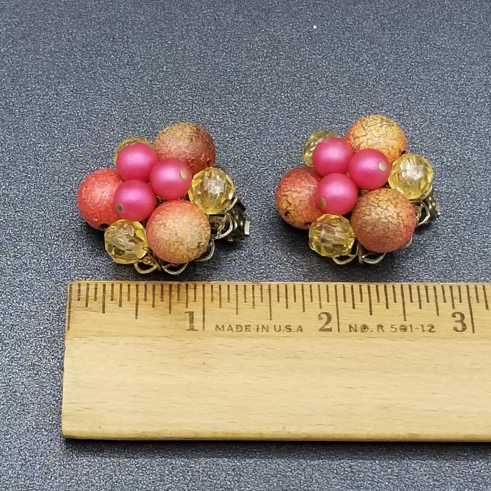 Vintage Clip On Pink Acrylic Bead Cluster Stud 1 1/4"