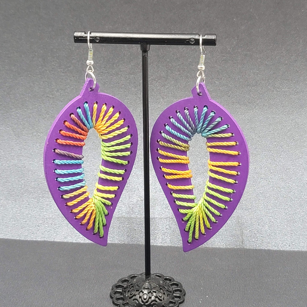 Pierced Earrings Large Purple Wood Leaf Multicolor String Art 3.25" Long