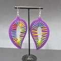 Pierced Earrings Large Purple Wood Leaf Multicolor String Art 3.25" Long