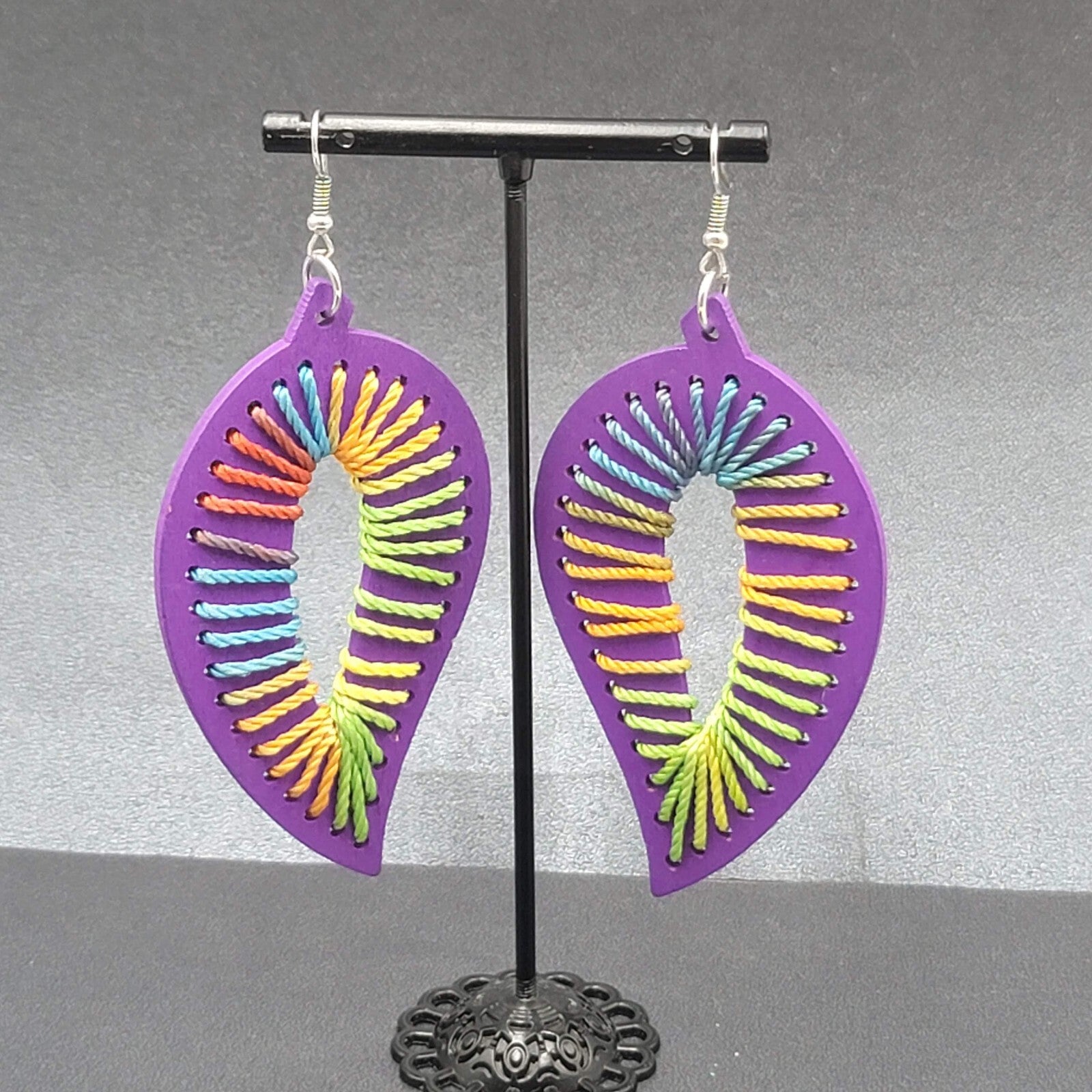 Pierced Earrings Large Purple Wood Leaf Multicolor String Art 3.25" Long