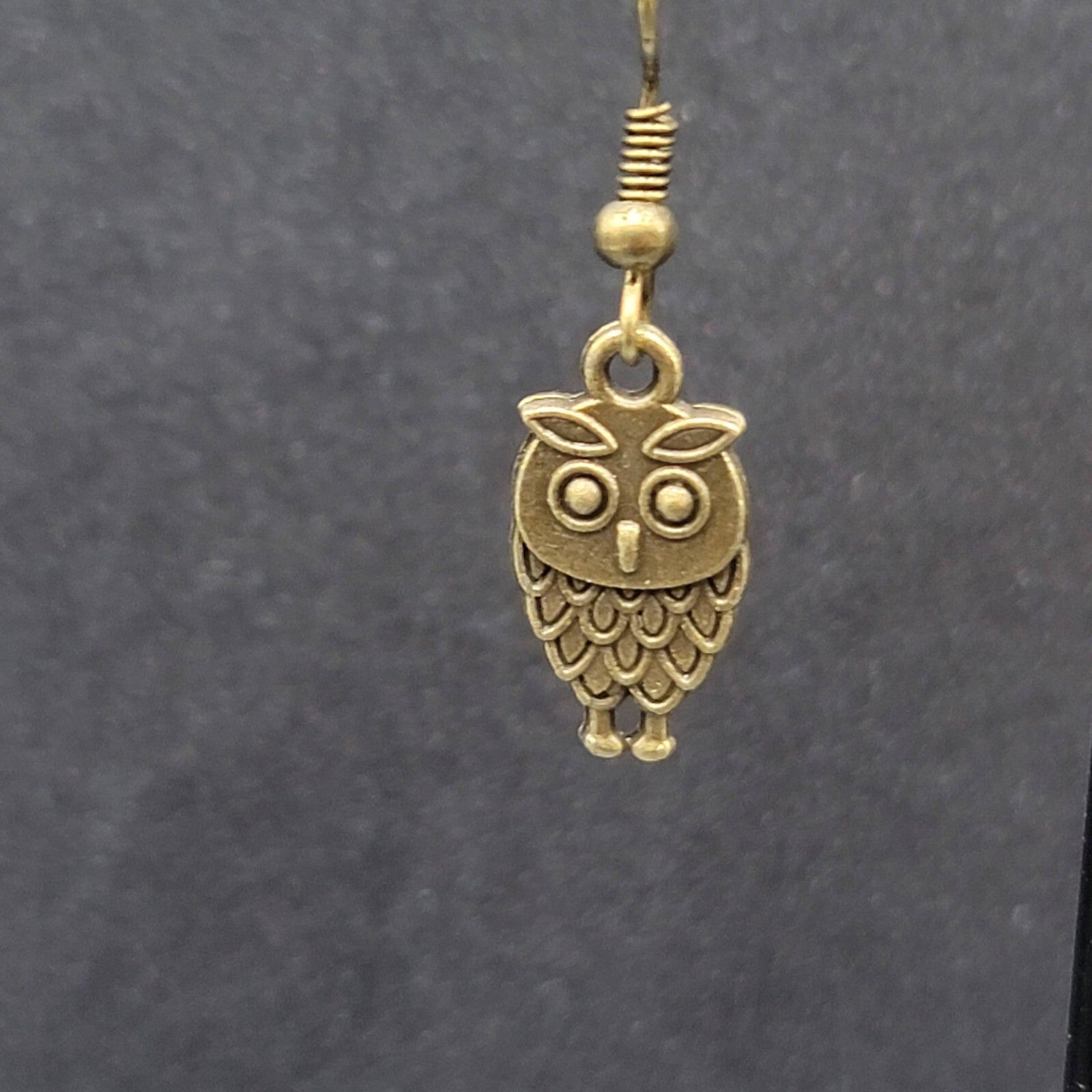 Owl Pierced Earrings Embossed Bronze tone Dangle 3/4"