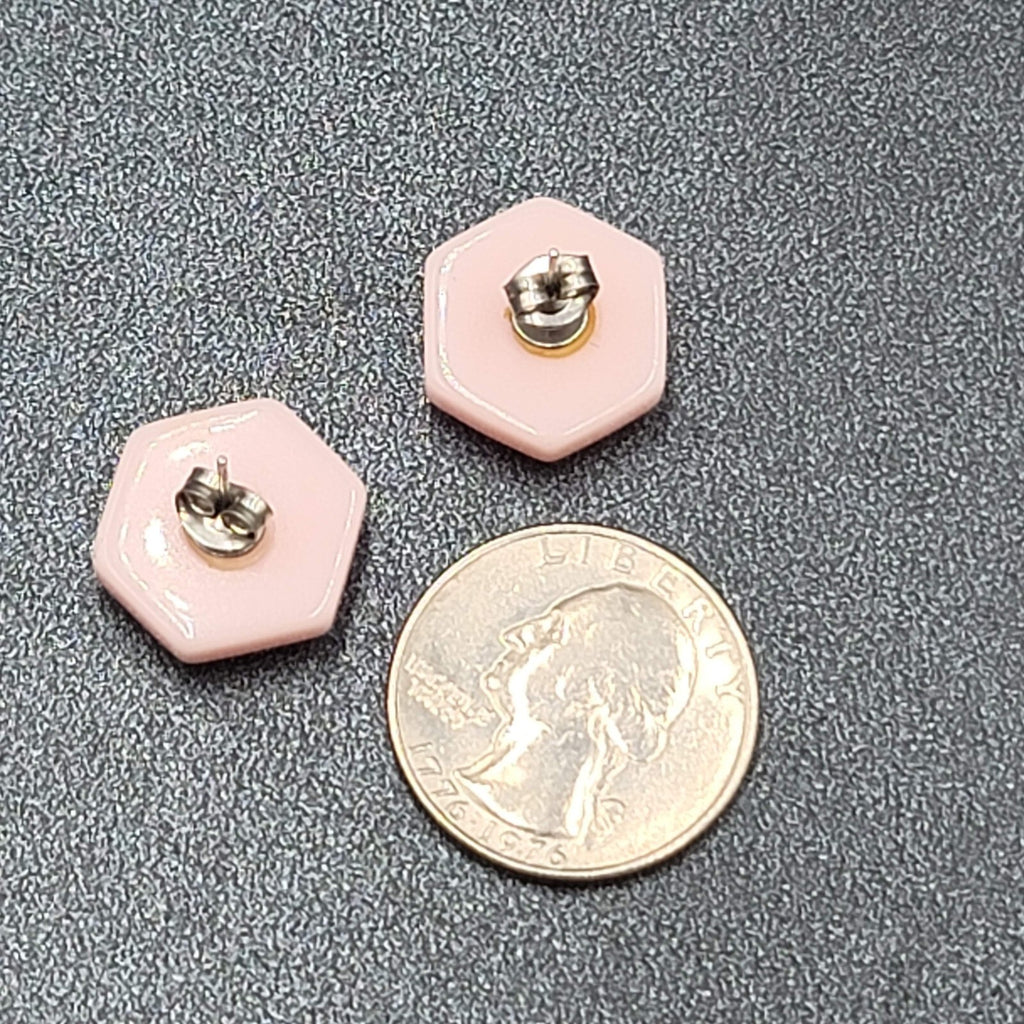 Vintage Pierced Earrings Pink Hexagon Pearlescent Studs 5/8"