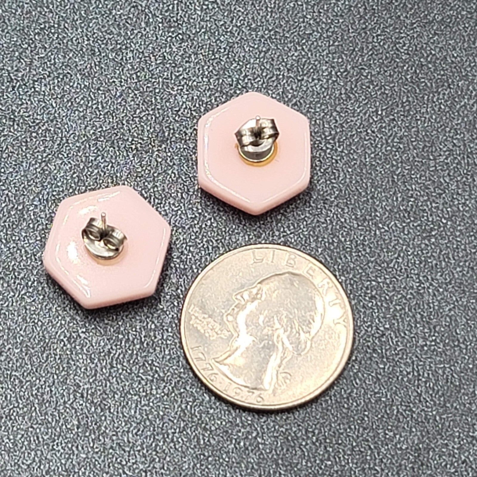 Vintage Pierced Earrings Pink Hexagon Pearlescent Studs 5/8"