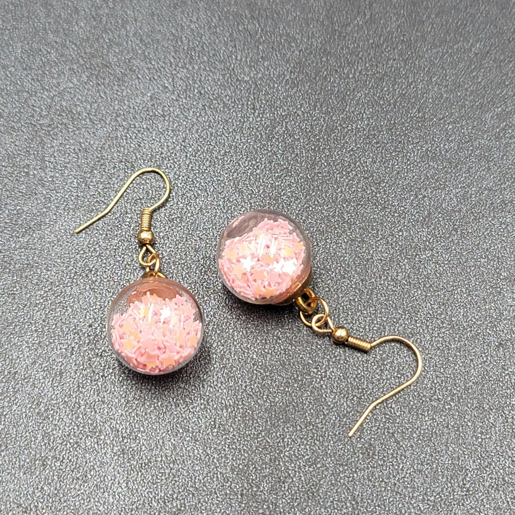 Pierced Earrings Silver tone Pink Star Confetti Glass Dangle 3/4"