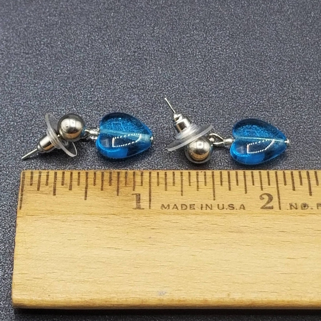 Pierced Earrings Silver tone Blue Crystal Heart Beaded Dangle 1"