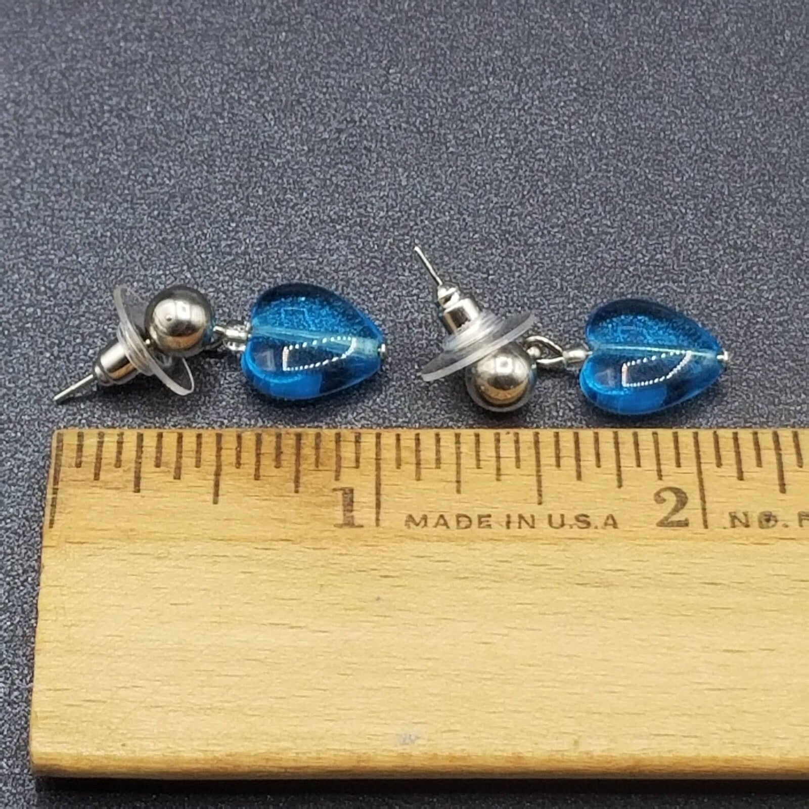 Pierced Earrings Silver tone Blue Crystal Heart Beaded Dangle 1"