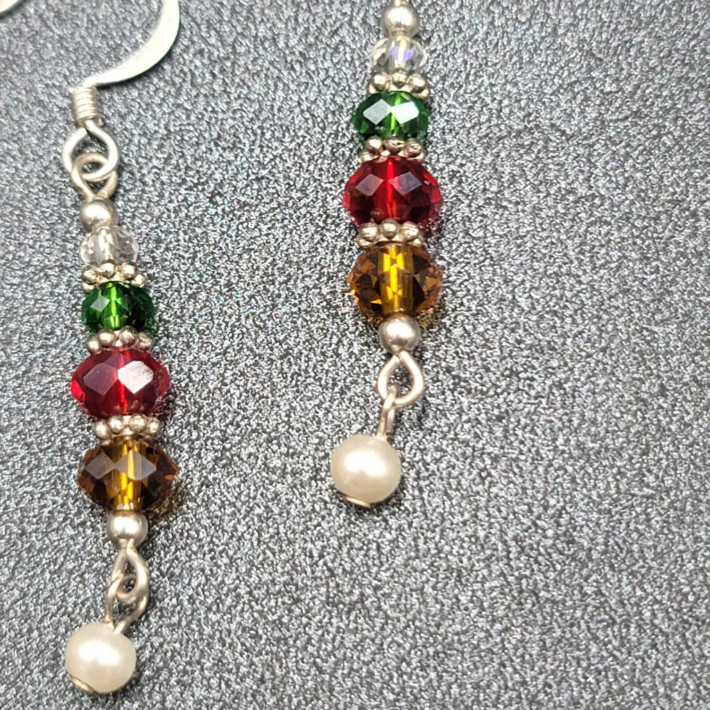 Pierced Earrings Green Red Yellow Crystal Bead Dangle Silver tone 1.25"