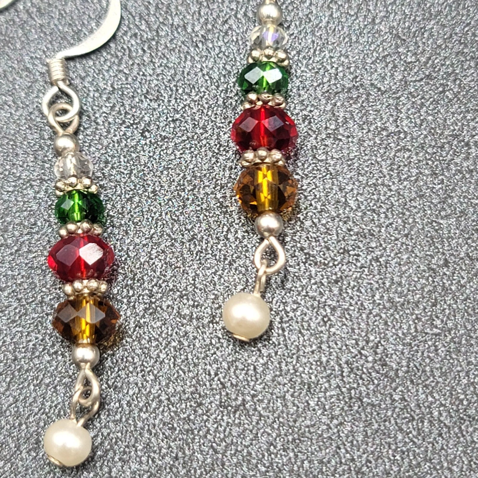 Pierced Earrings Green Red Yellow Crystal Bead Dangle Silver tone 1.25"