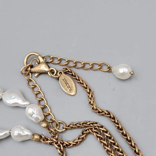 Chicos White Bead Necklace Gold tone Bead Chain Tassel Pendant LONG 36"