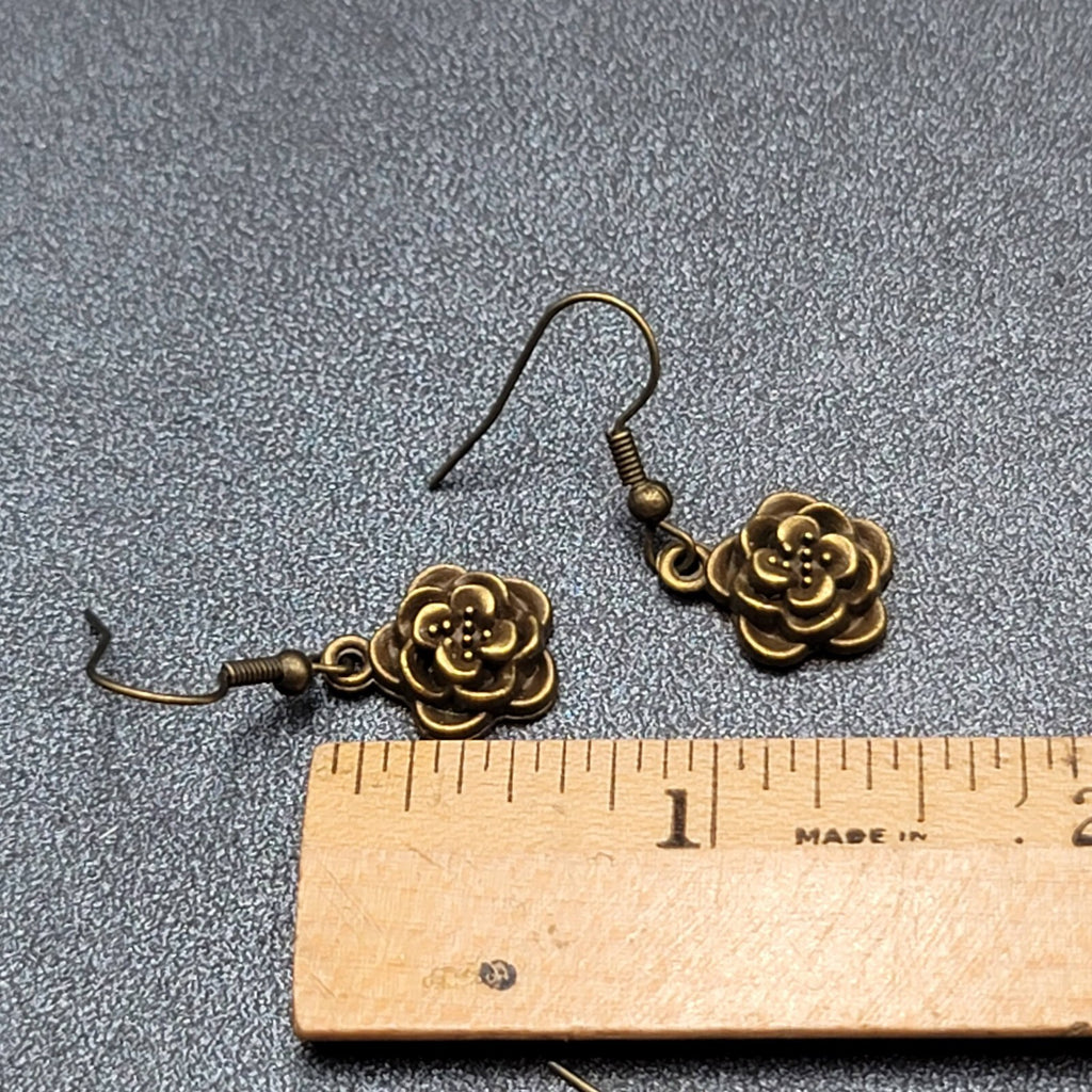 NEW Flower Pierced Earrings Bronze tone Embossed 3D Dangle 5/8"