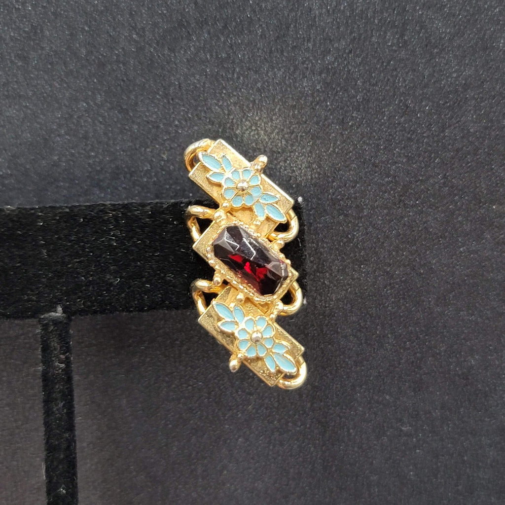 Vintage Clip on Earrings Gold tone Blue Enamel Red Rhinestone Climber 1 3/8"
