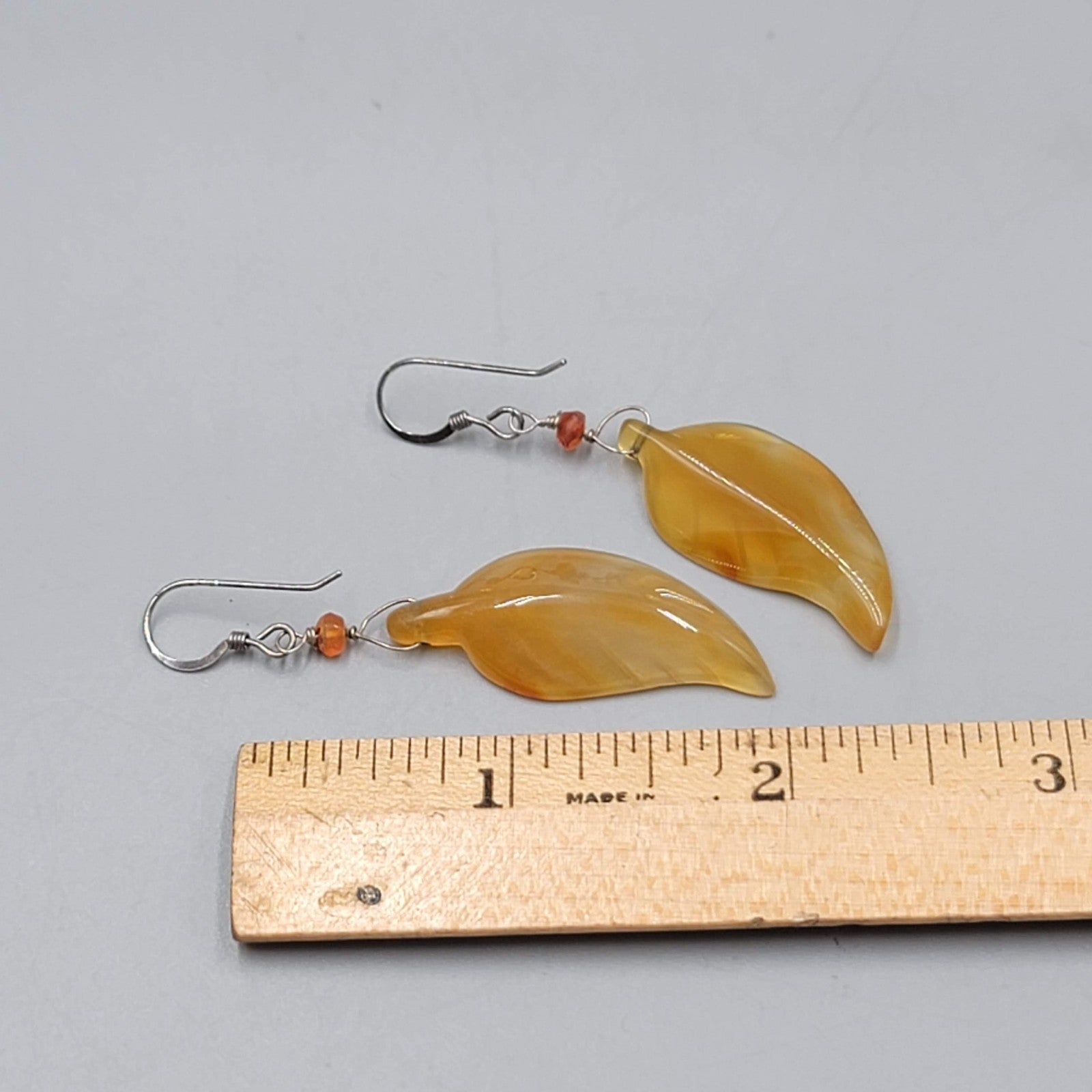 Sterling Silver Carved Agate Leaf Pierced Earrings Dangle 1.75"