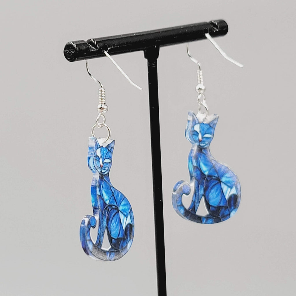 Blue Kitty Cat Pierced Earrings Mosaic Acrylic Dangle 1 3/8"