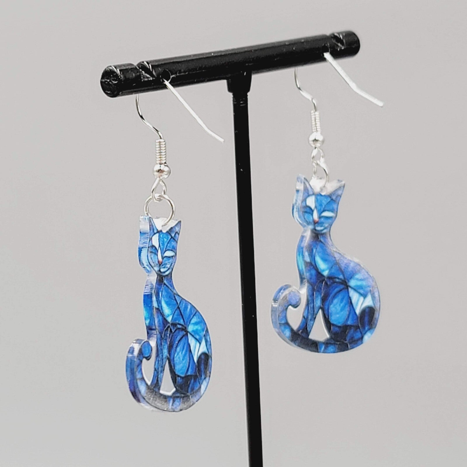 Blue Kitty Cat Pierced Earrings Mosaic Acrylic Dangle 1 3/8"