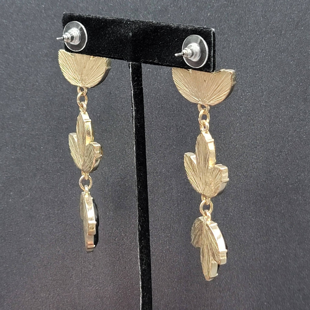Pierced Earrings Gold tone Statement Rhinestone Long Dangle 3.25"