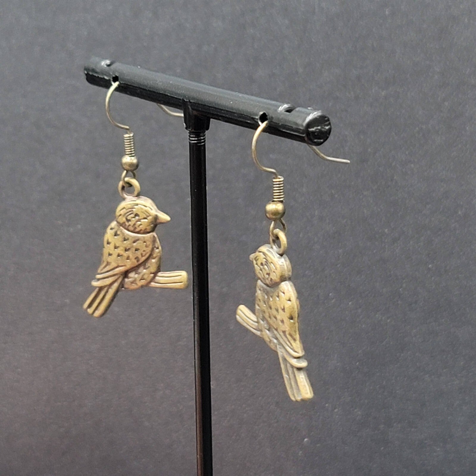 Bird on Perch Pierced Earrings Bronze tone Embossed Dangle 1"