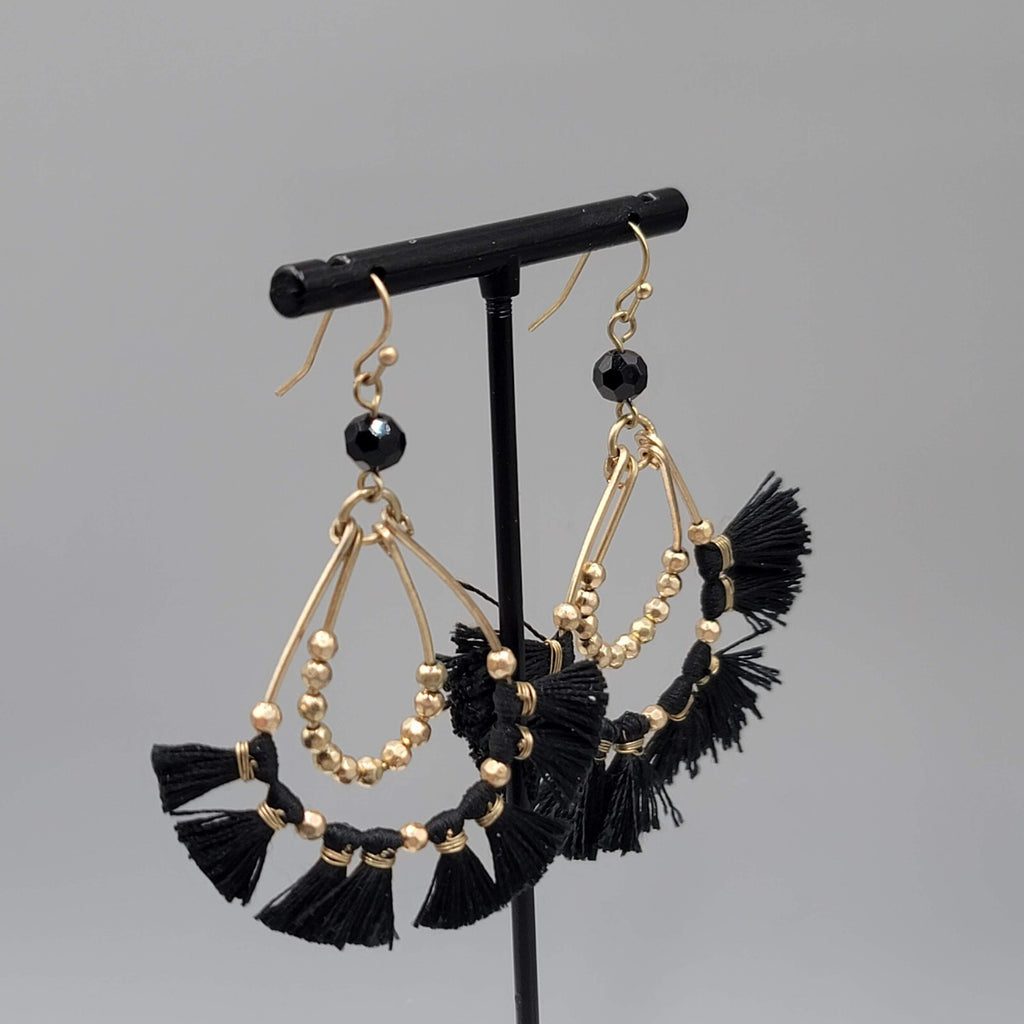 Pierced Earrings Gold tone Black Tassel Teardrop Dangle 2.5"