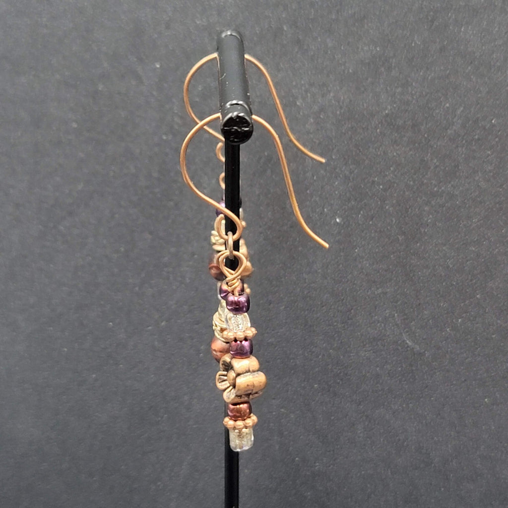 Pierced Earrings Copper tone Red Bead Dangle Flower  1.25"