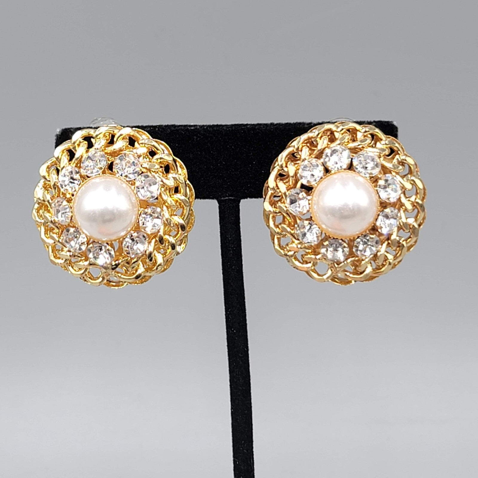 Vintage Clip on Earrings Gold tone Open Work Chain White Cabochon 1.25"