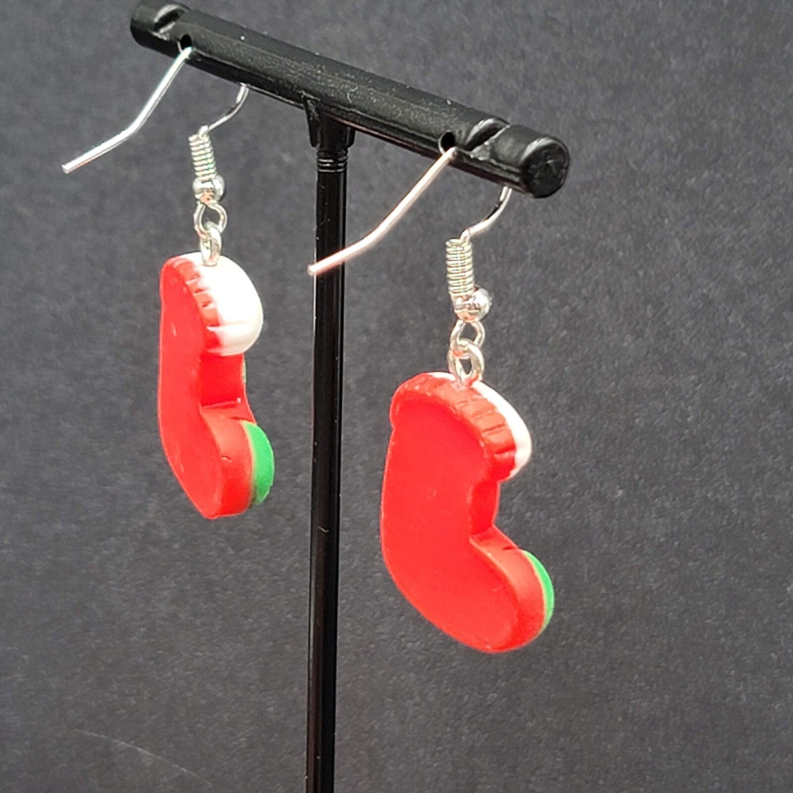 Christmas Stocking Pierced Earrings Puffy 3D Dangle 1 1/8"
