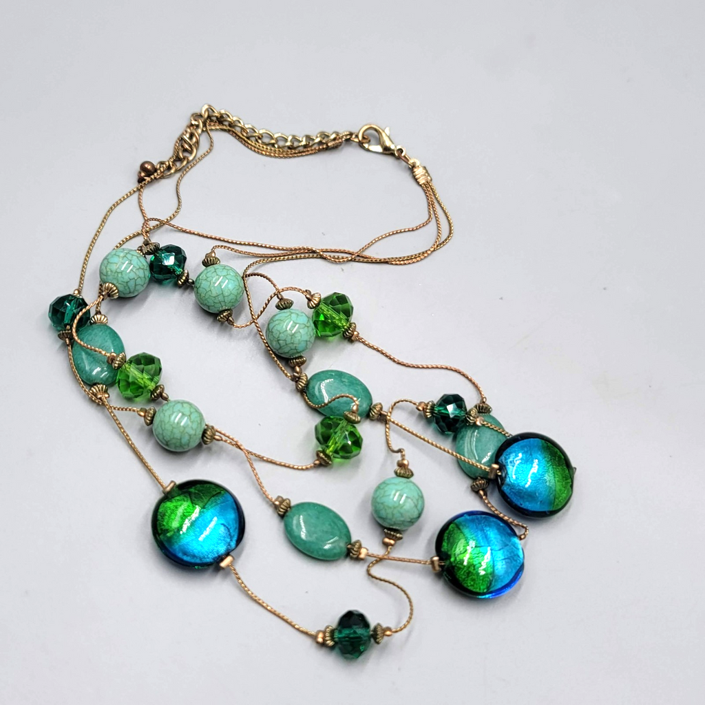Triple Chain Blue Green Glass Bead Necklace Gold tone 16"-18"