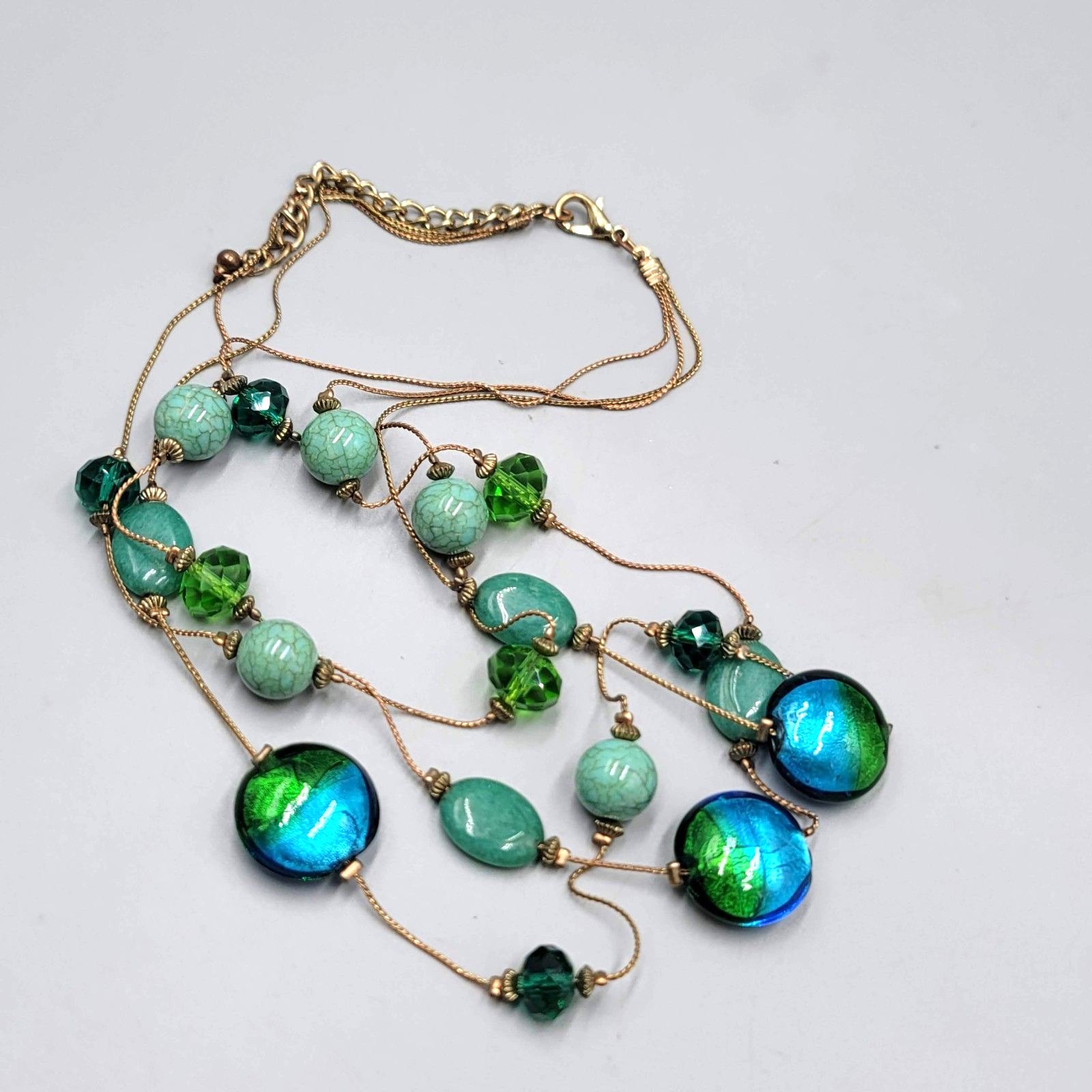 Triple Chain Blue Green Glass Bead Necklace Gold tone 16"-18"