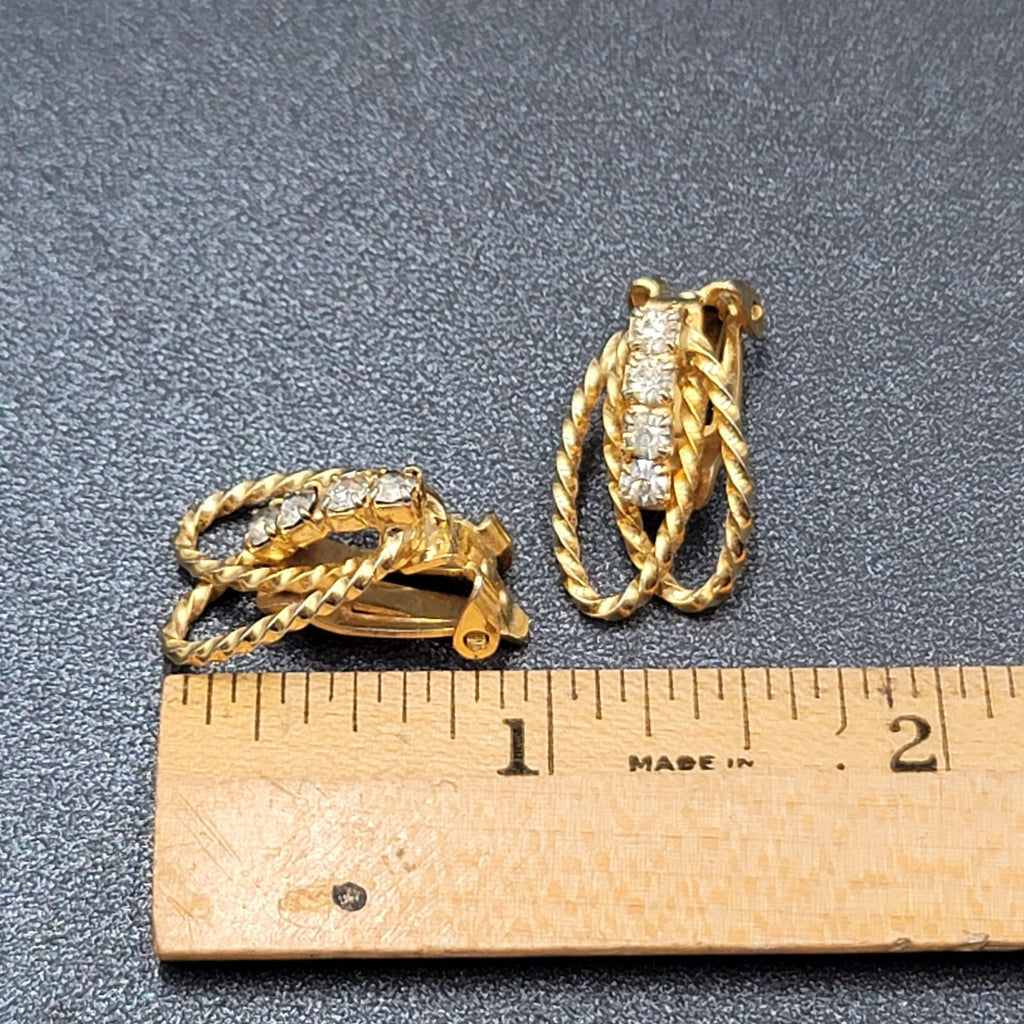 Vintage Clip on Earrings Textured Gold tone Rhinestone Drop 3/4"
