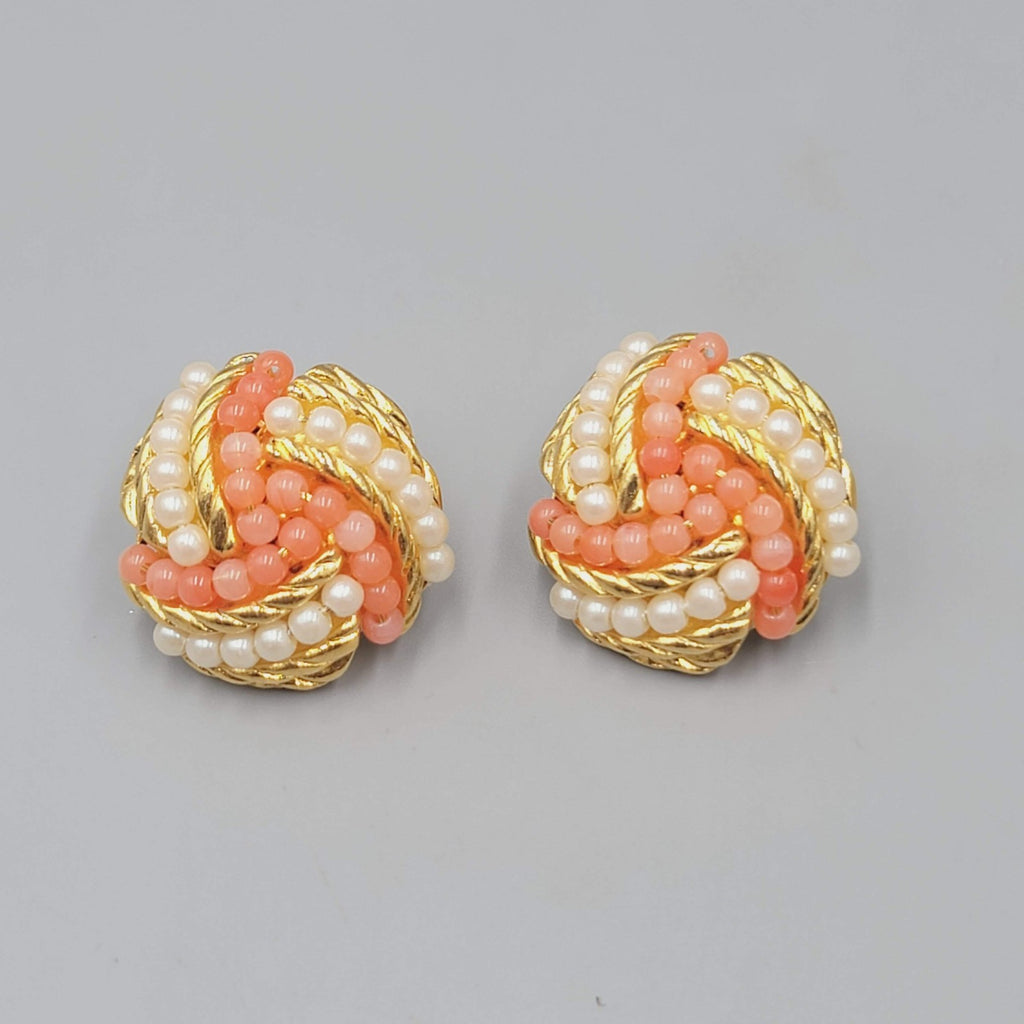 Vintage Avon Clip on Earrings Gold tone Pink White Bead Drop 1"