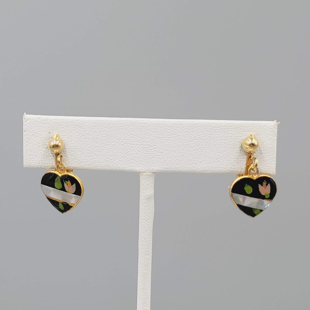 Vintage Black Heart Dangle Clip on Earrings Gold tone Flower 1/2"