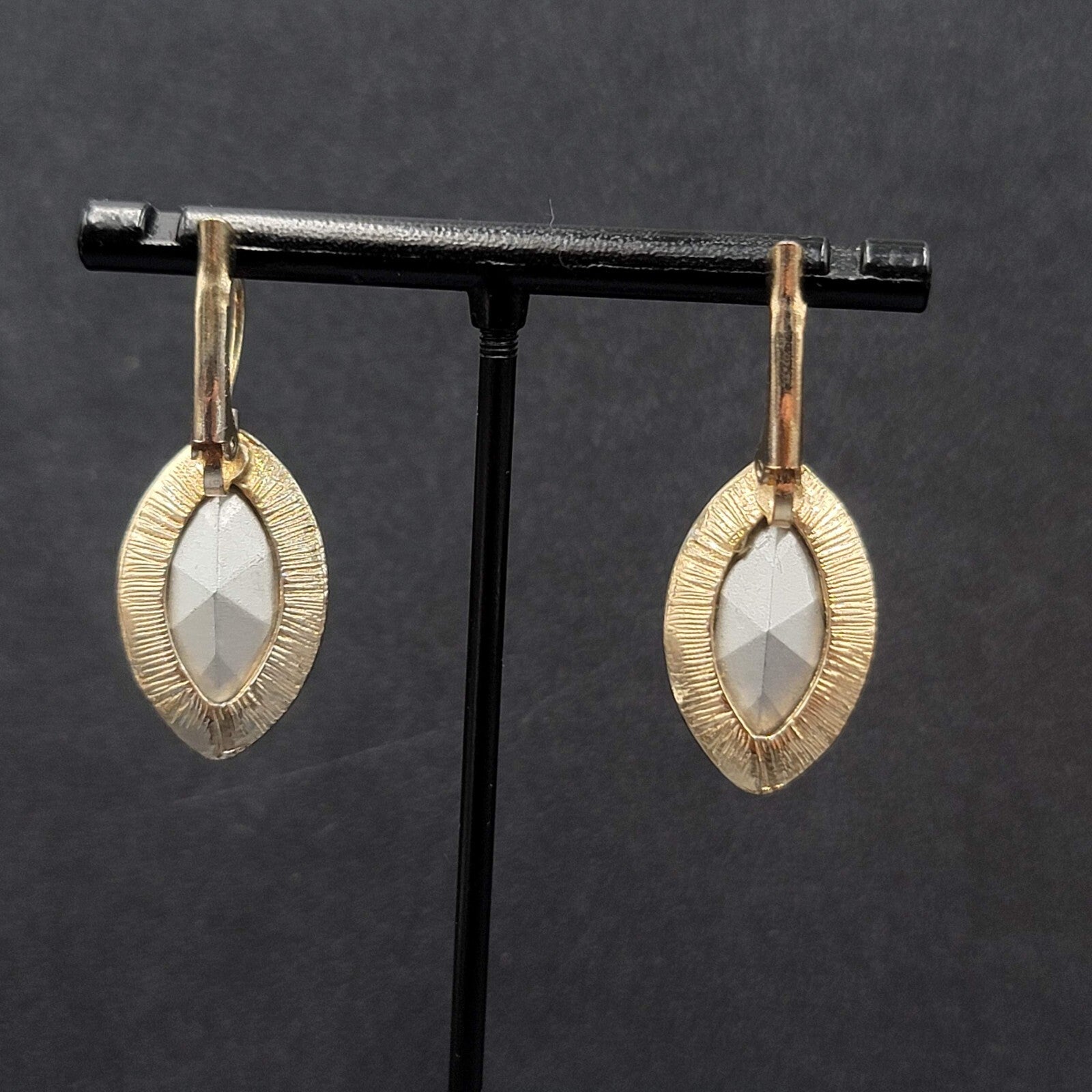 Pierced Earrings Gold tone Glass Faceted Marquis Dangle 1"
