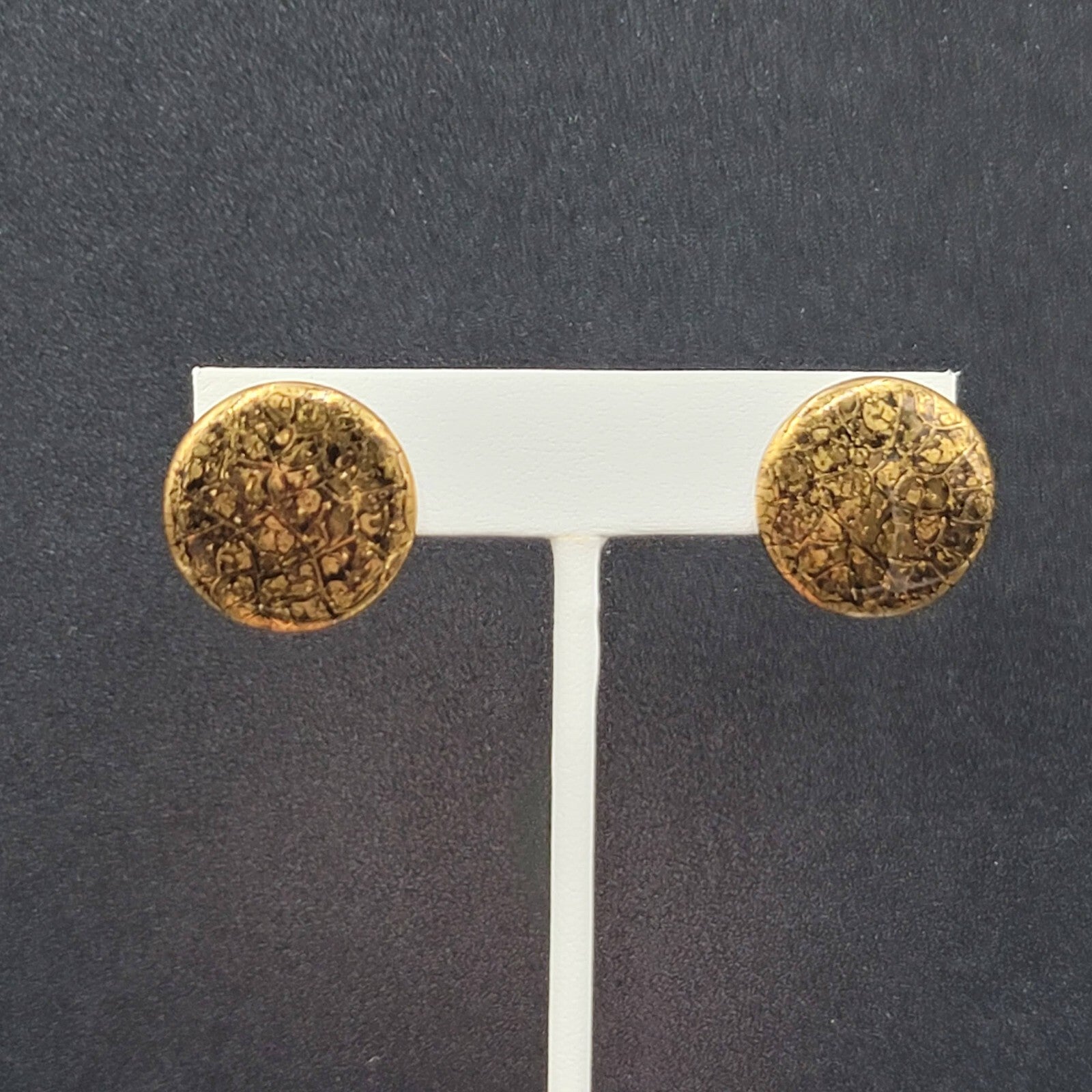 Vintage Pierced Earrings Black Gold Painted Round Ceramic Studs 3/4"